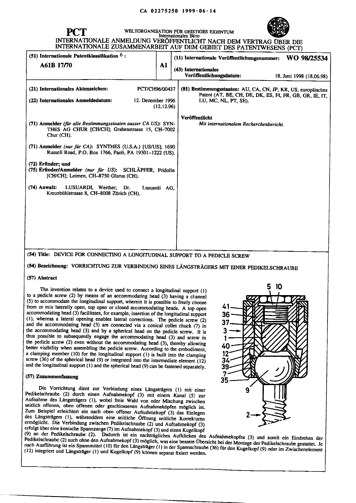 Document de brevet canadien 2275250. Abrégé 19990614. Image 1 de 1