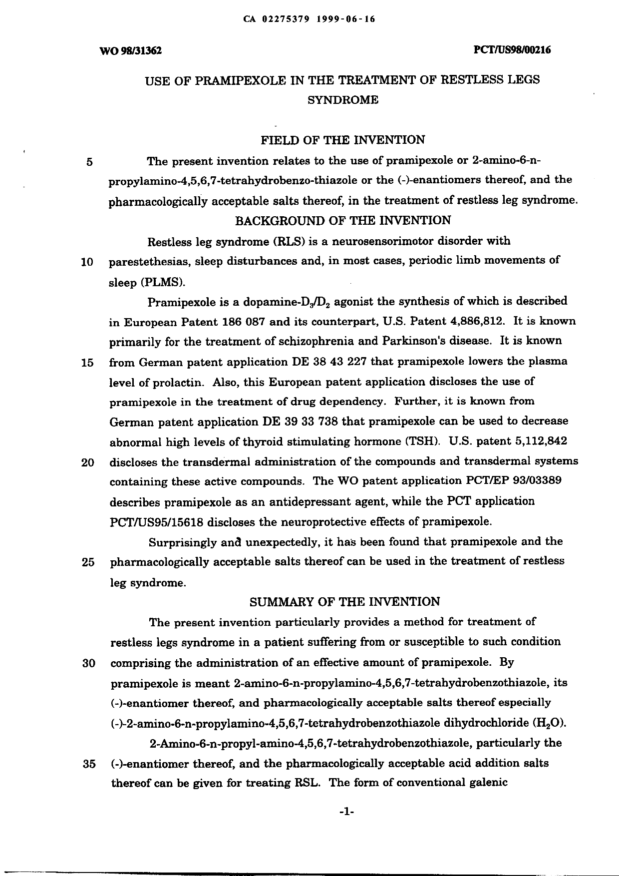Canadian Patent Document 2275379. Description 19990616. Image 1 of 2