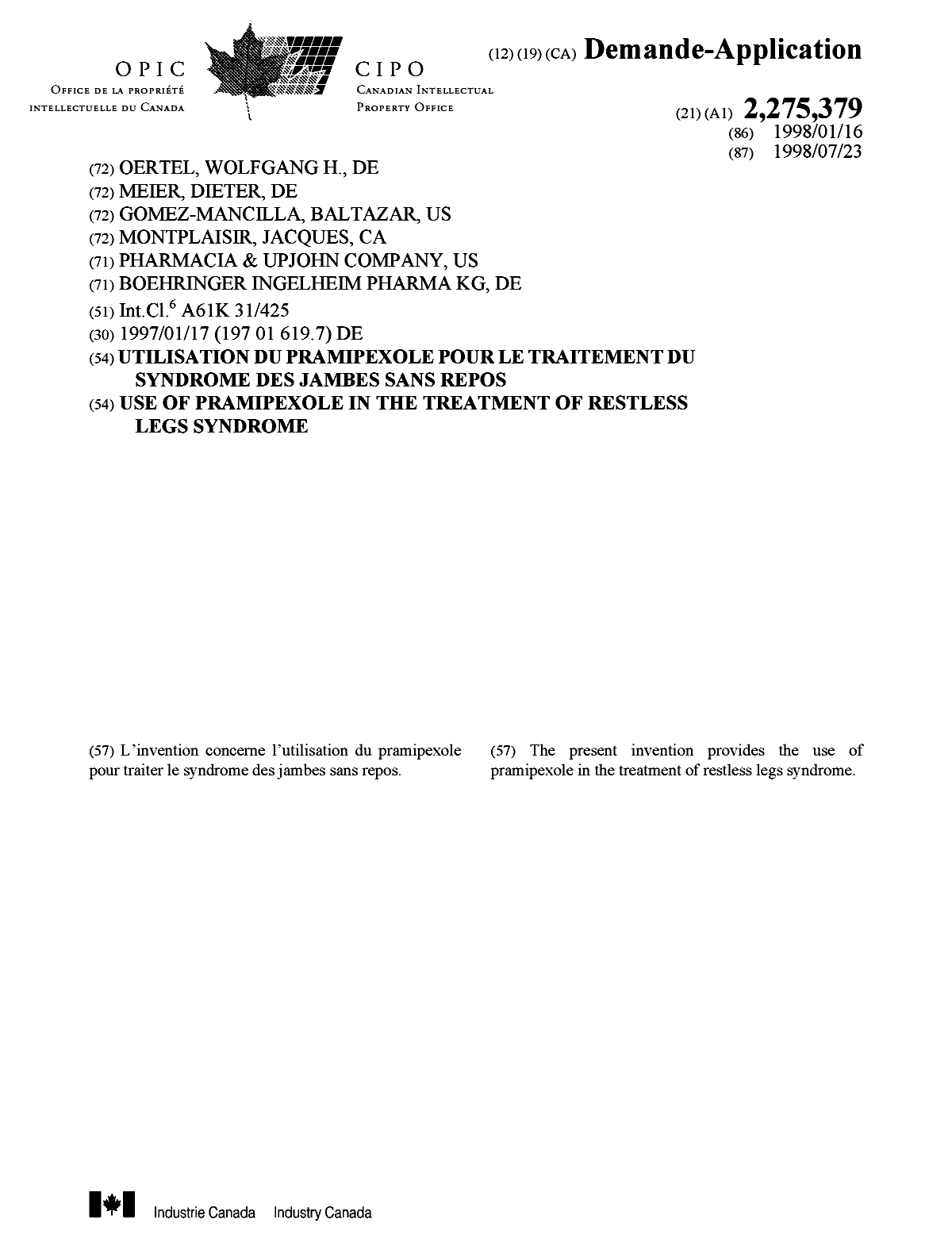 Document de brevet canadien 2275379. Page couverture 19990910. Image 1 de 1