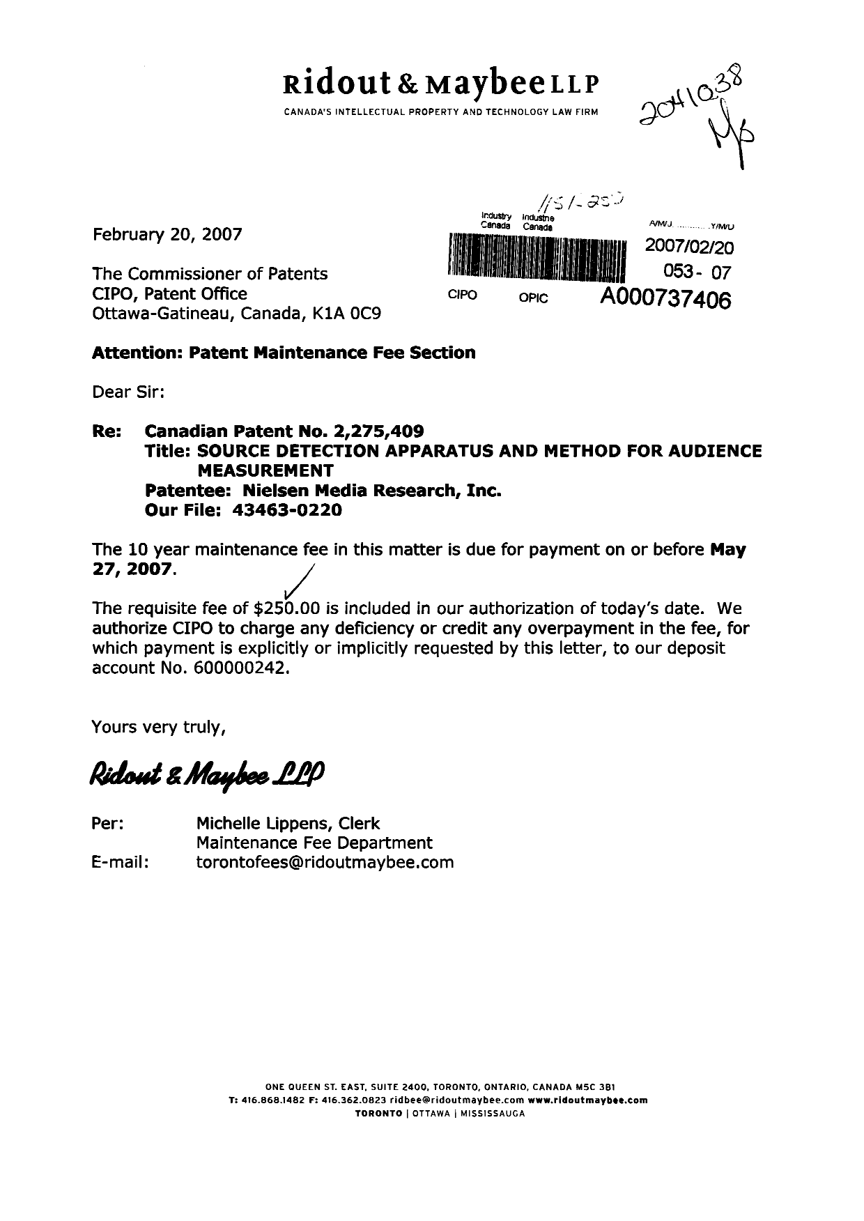 Canadian Patent Document 2275409. Fees 20061220. Image 1 of 1