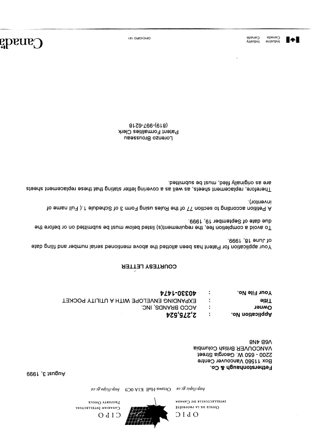 Canadian Patent Document 2275524. Correspondence 19990803. Image 1 of 1