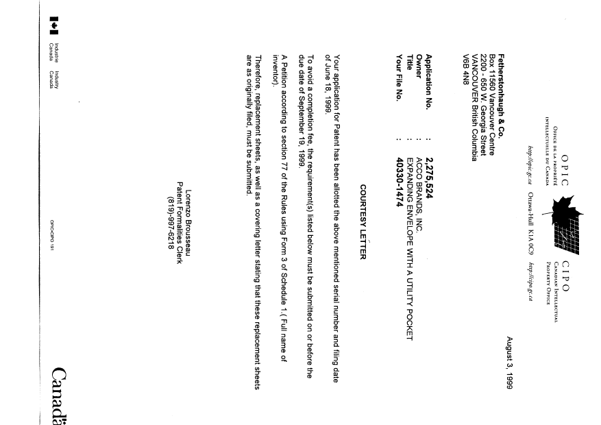 Document de brevet canadien 2275524. Correspondance 19990803. Image 1 de 1