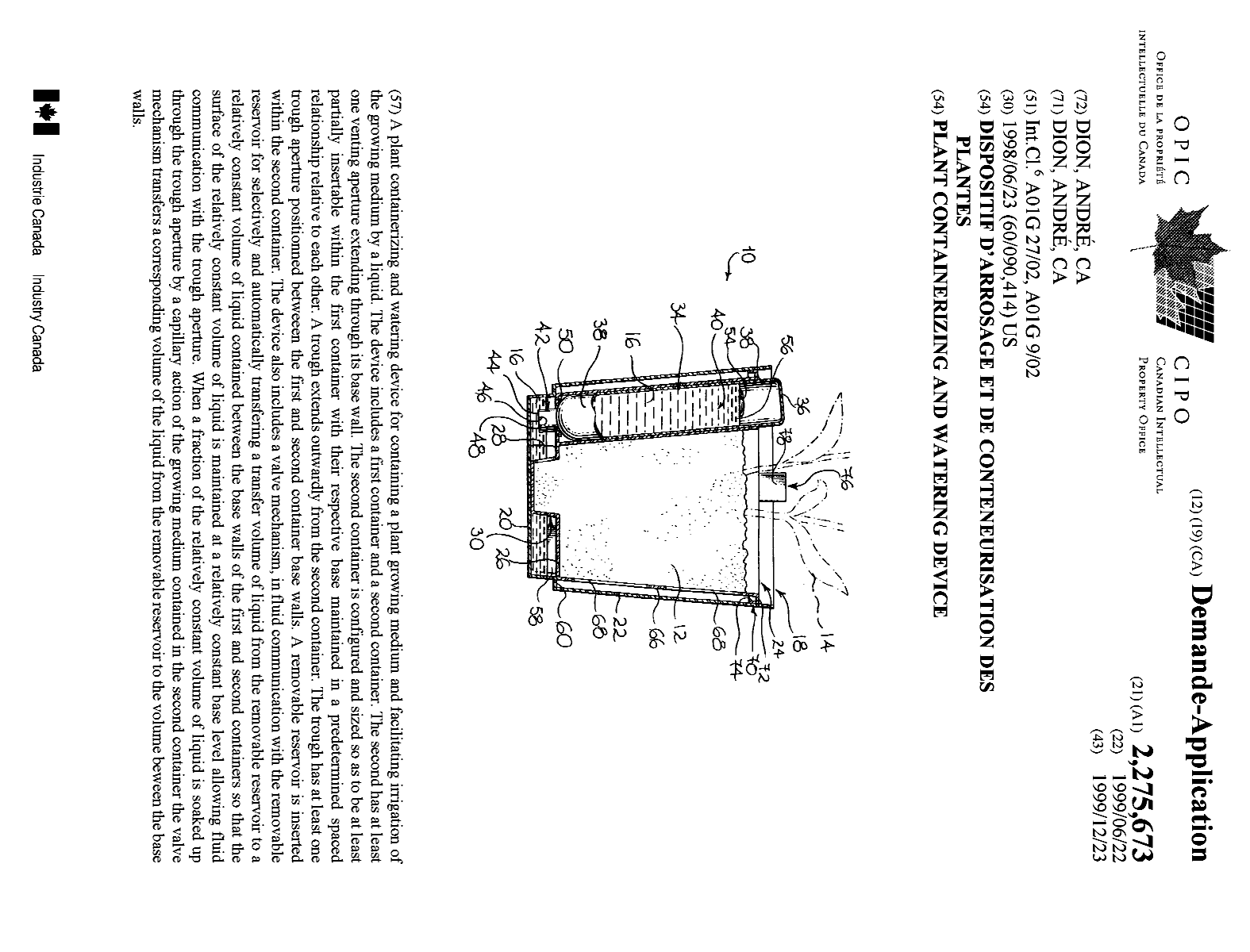 Canadian Patent Document 2275673. Cover Page 19981203. Image 1 of 1