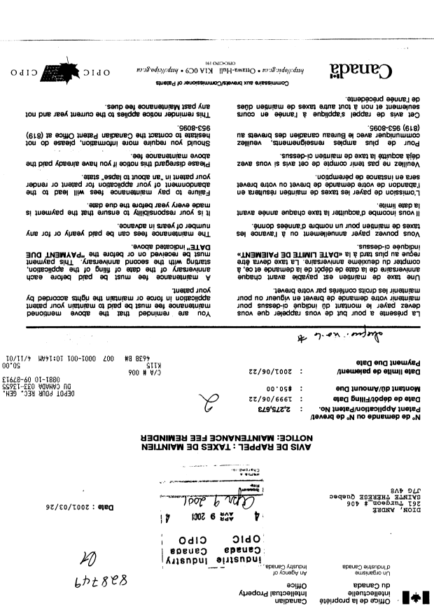 Document de brevet canadien 2275673. Taxes 20010409. Image 1 de 1