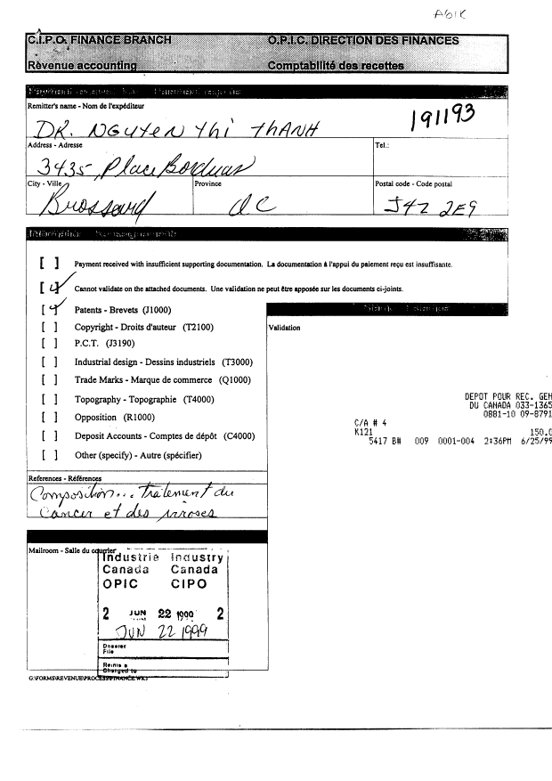 Canadian Patent Document 2275732. Correspondence 19990622. Image 1 of 4