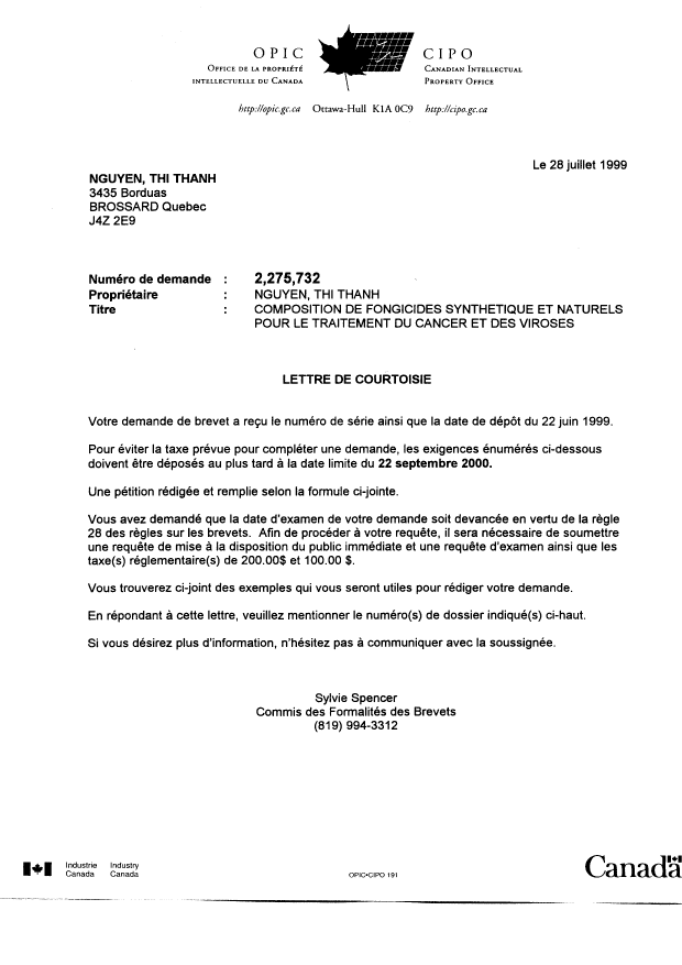 Canadian Patent Document 2275732. Correspondence 19990728. Image 1 of 1