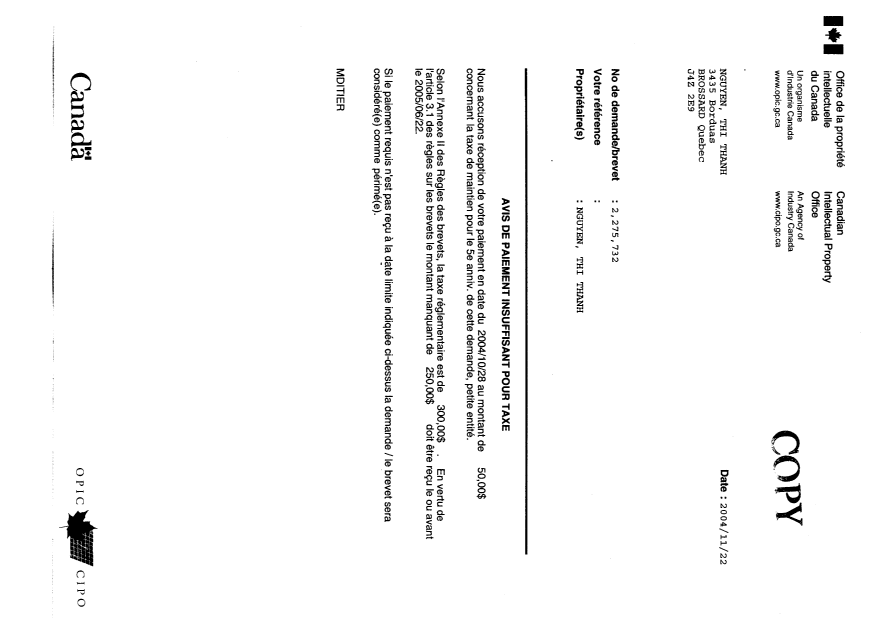 Document de brevet canadien 2275732. Taxes 20031228. Image 2 de 2