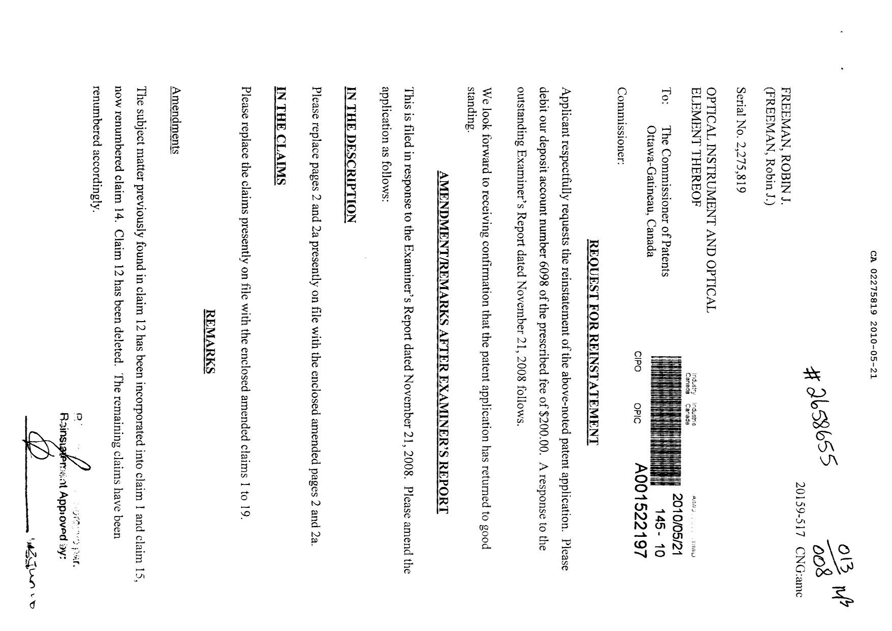Canadian Patent Document 2275819. Prosecution-Amendment 20100521. Image 1 of 9