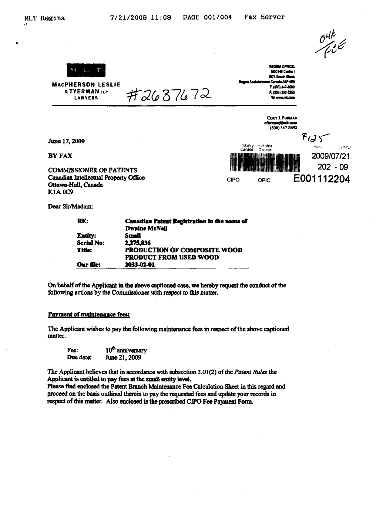 Document de brevet canadien 2275836. Taxes 20090721. Image 1 de 3