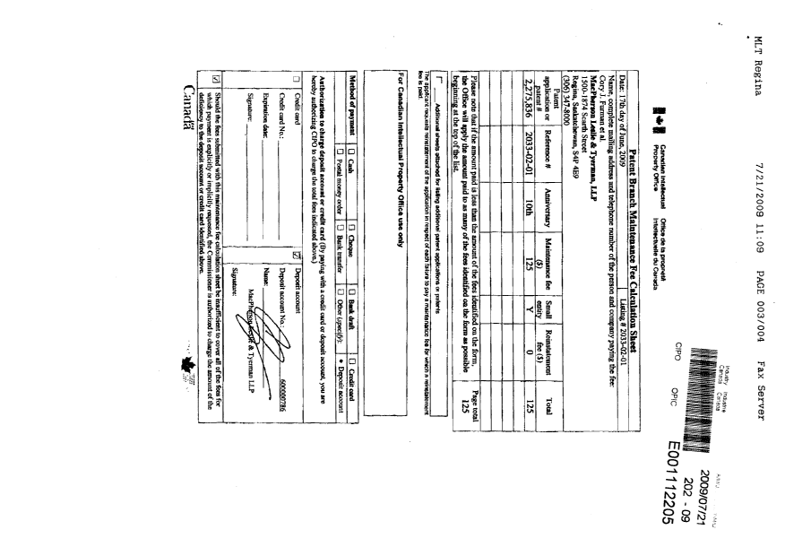 Canadian Patent Document 2275836. Fees 20090721. Image 3 of 3