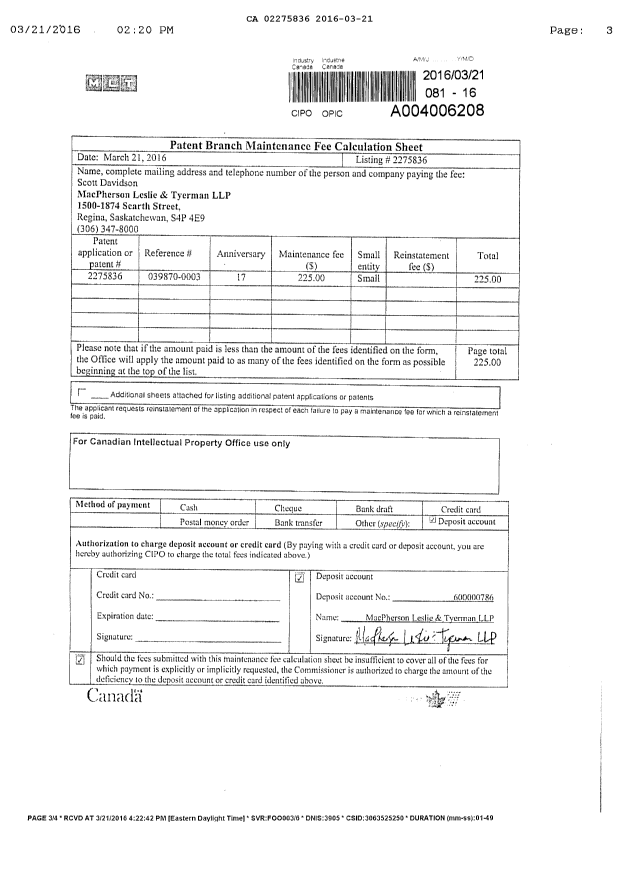 Document de brevet canadien 2275836. Paiement de taxe périodique 20160321. Image 3 de 3