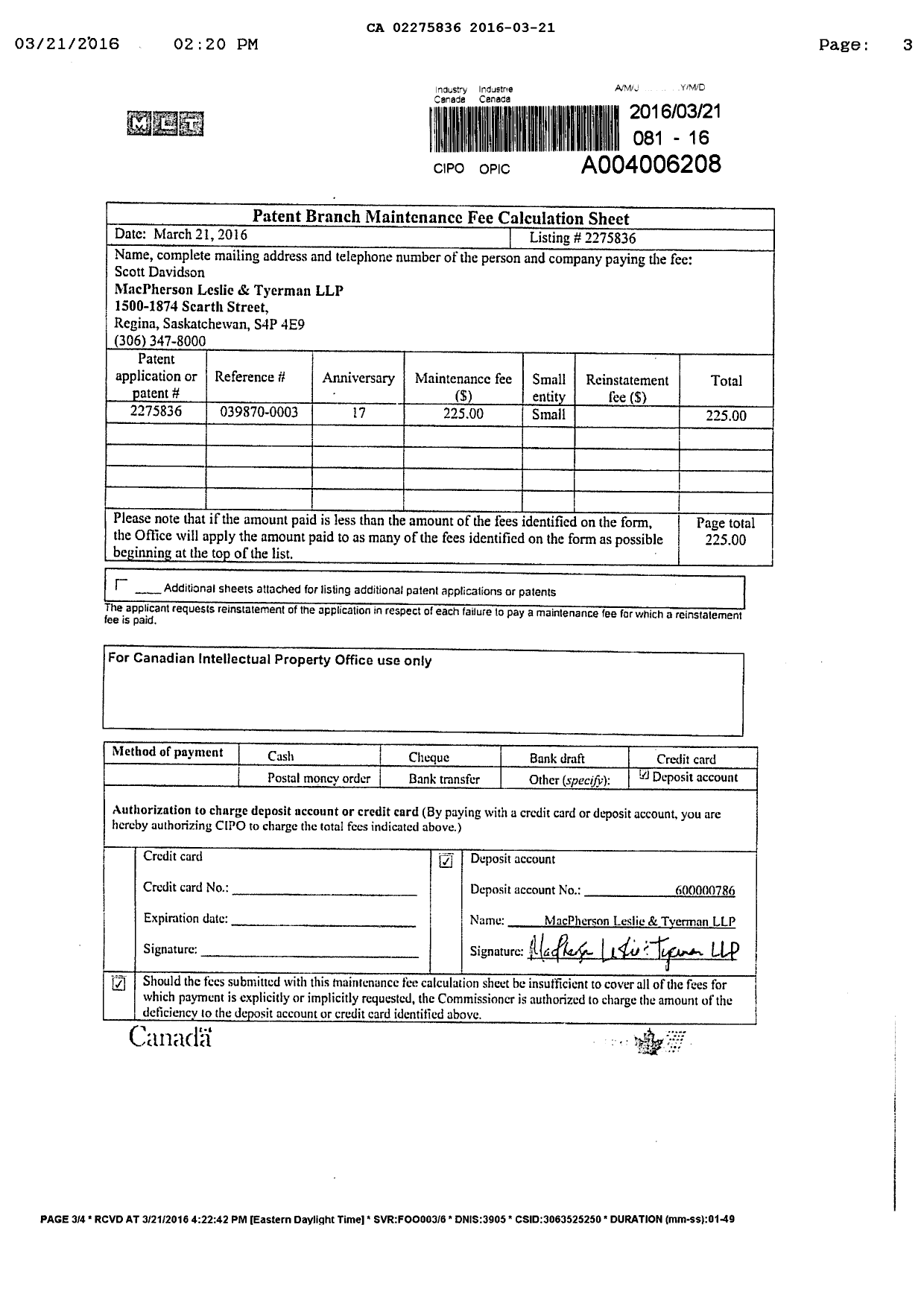 Canadian Patent Document 2275836. Maintenance Fee Payment 20160321. Image 3 of 3