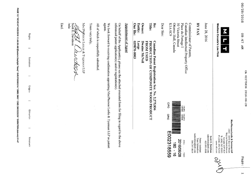 Document de brevet canadien 2275836. Changement de nomination d'agent 20160628. Image 1 de 2