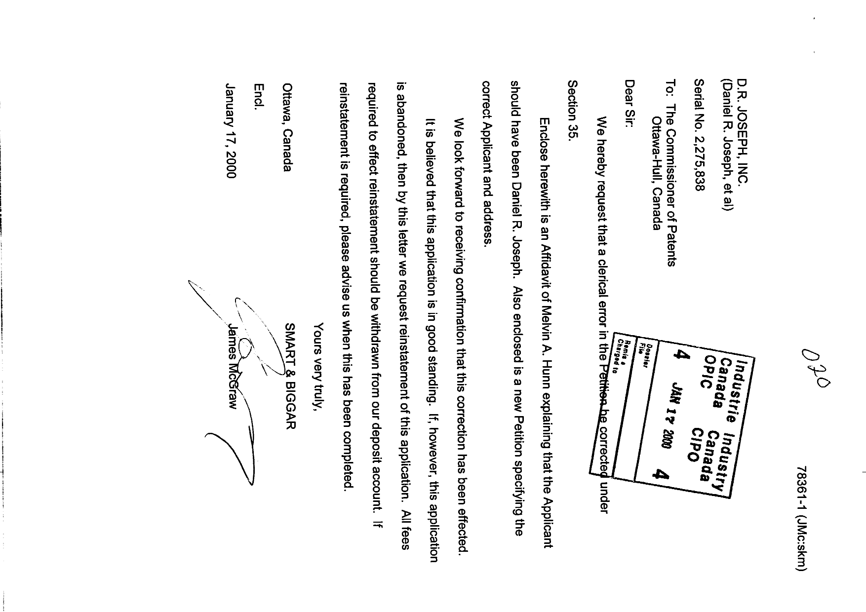 Canadian Patent Document 2275838. Correspondence 20000117. Image 1 of 5