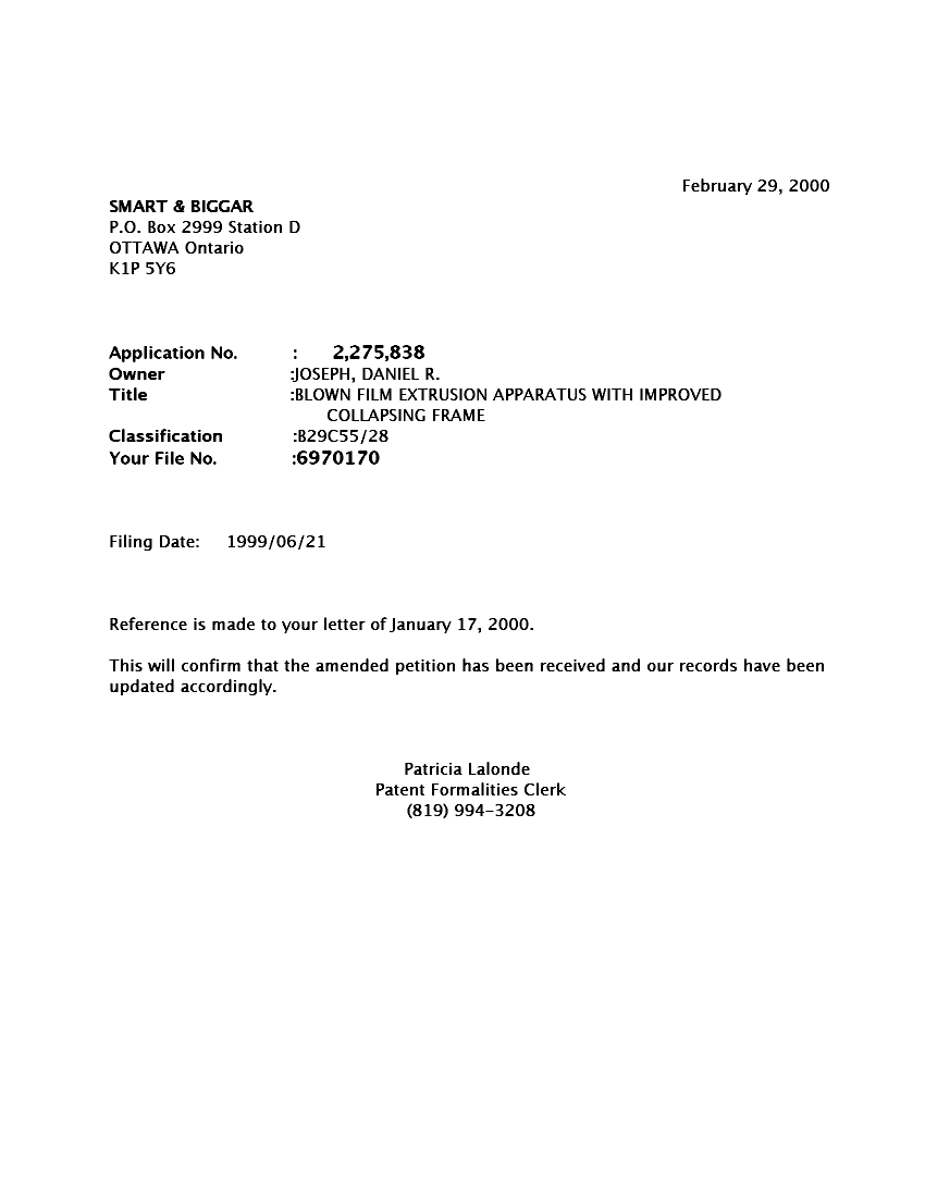 Document de brevet canadien 2275838. Correspondance 20000225. Image 1 de 1