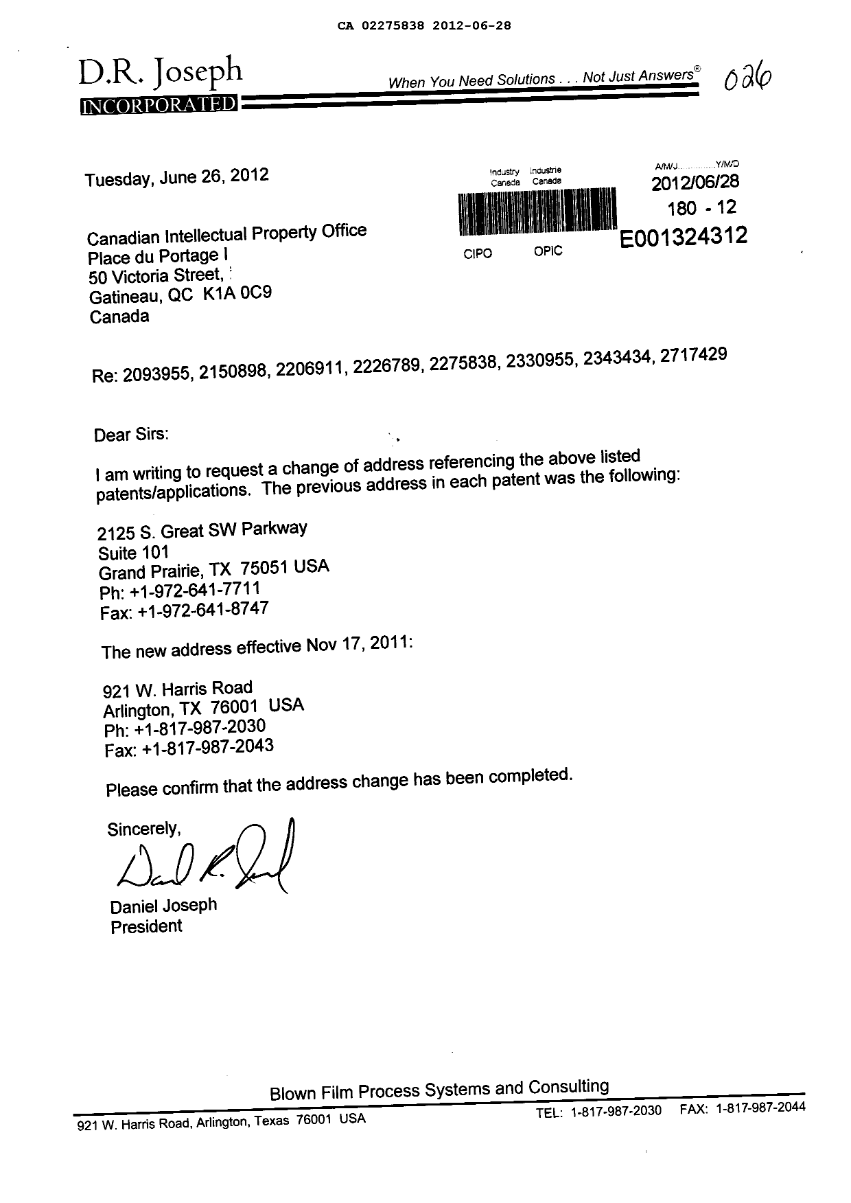 Document de brevet canadien 2275838. Correspondance 20120628. Image 1 de 1