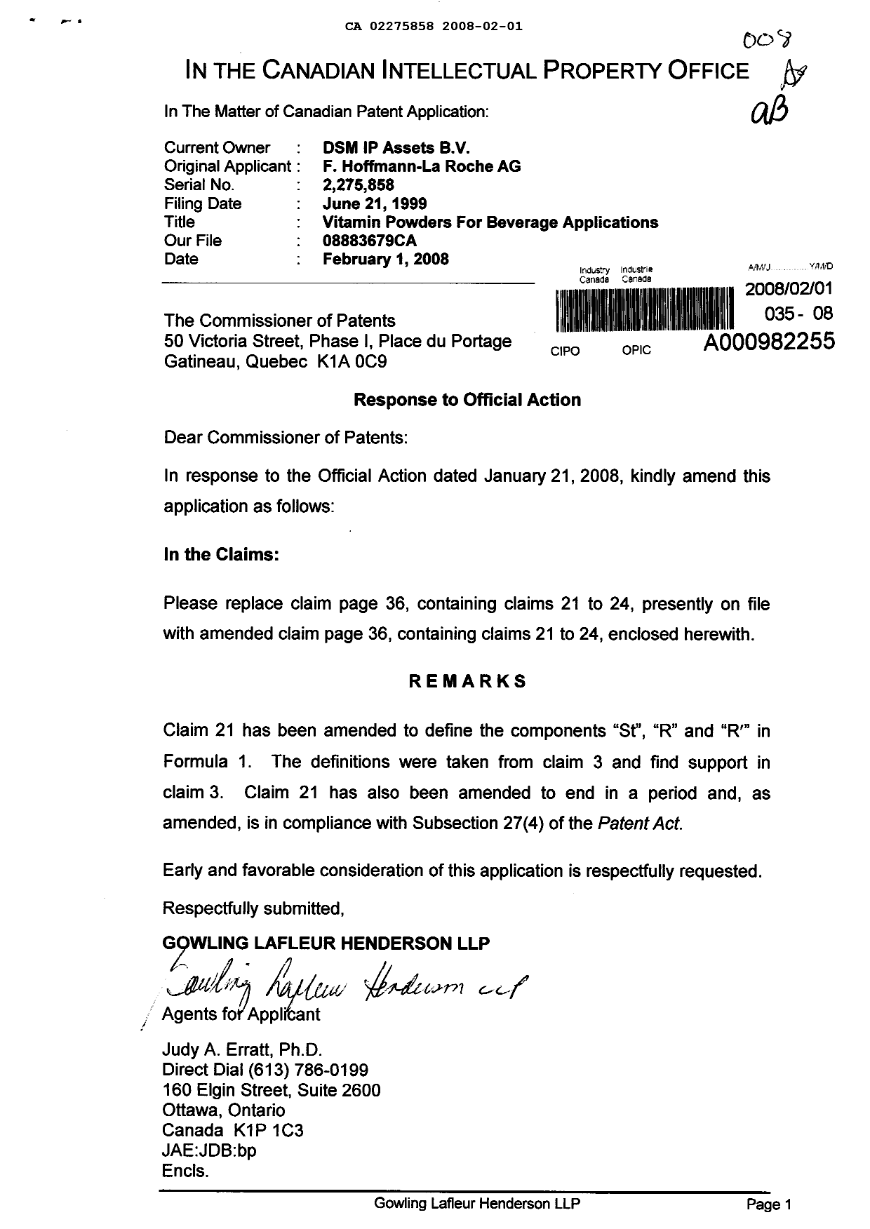 Canadian Patent Document 2275858. Prosecution-Amendment 20080201. Image 1 of 2