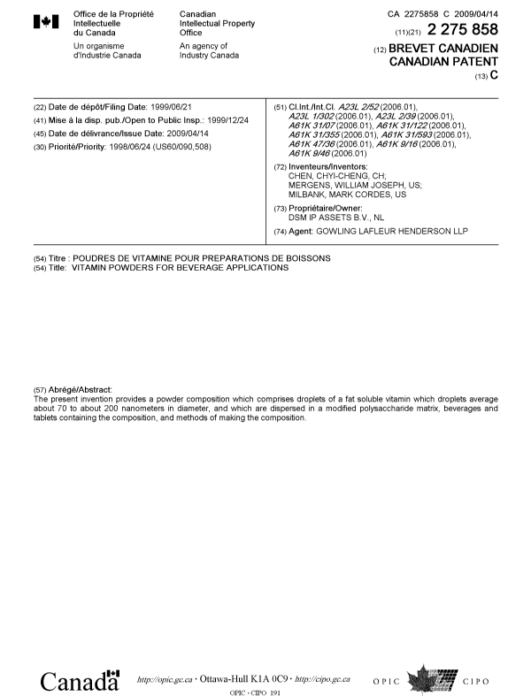 Canadian Patent Document 2275858. Cover Page 20090331. Image 1 of 1