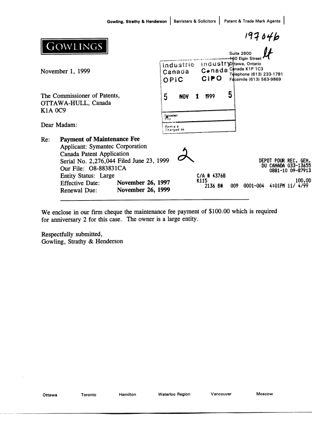Document de brevet canadien 2276044. Taxes 19991101. Image 1 de 1