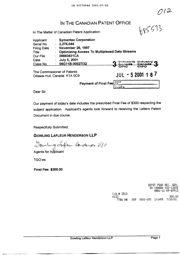 Document de brevet canadien 2276044. Correspondance 20010705. Image 1 de 1