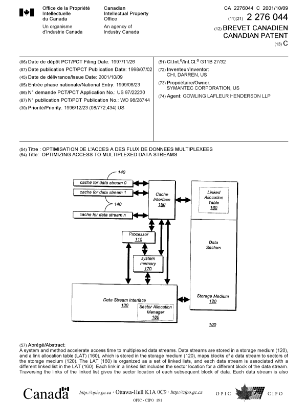 Document de brevet canadien 2276044. Page couverture 20010924. Image 1 de 2