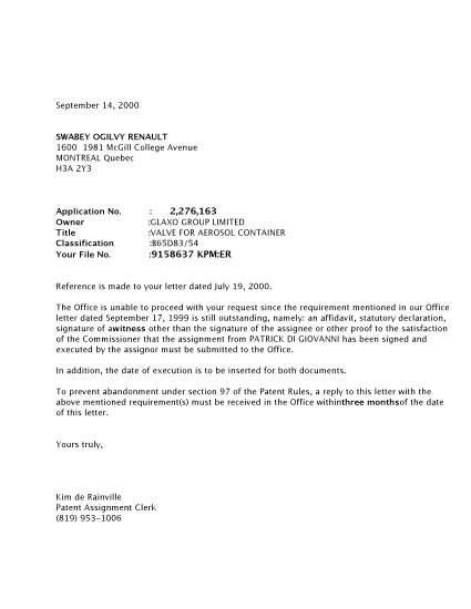 Canadian Patent Document 2276163. Correspondence 20000918. Image 1 of 1