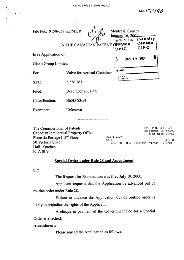 Canadian Patent Document 2276163. Prosecution-Amendment 20010117. Image 1 of 7
