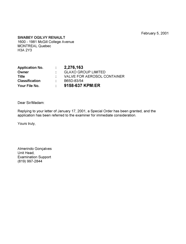 Canadian Patent Document 2276163. Correspondence 20010205. Image 1 of 1