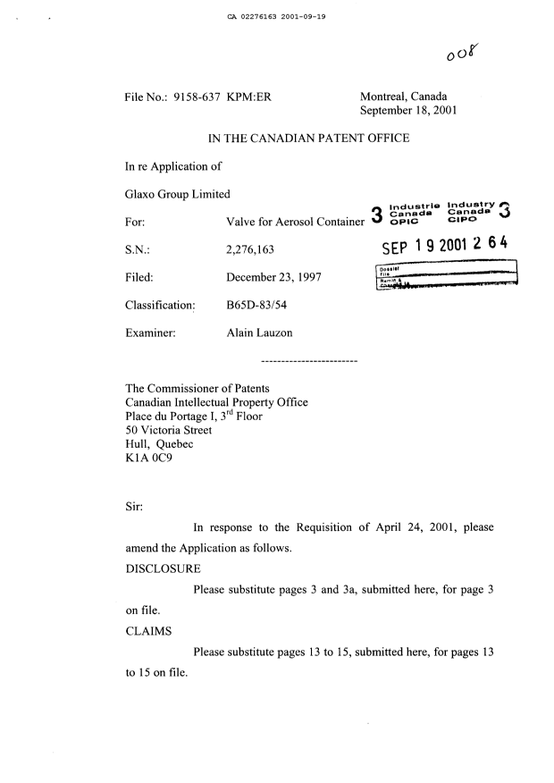 Canadian Patent Document 2276163. Prosecution-Amendment 20010919. Image 1 of 8