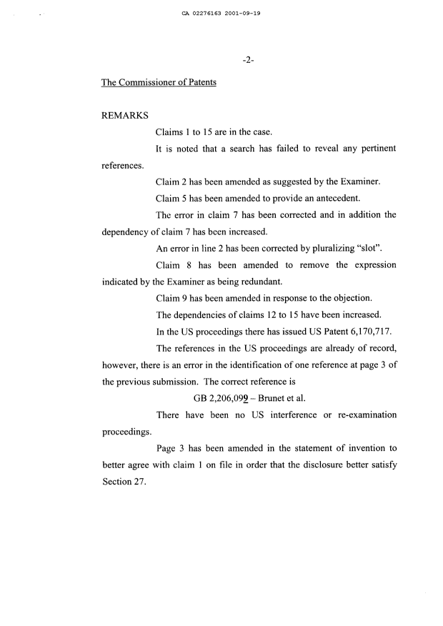 Canadian Patent Document 2276163. Prosecution-Amendment 20010919. Image 2 of 8