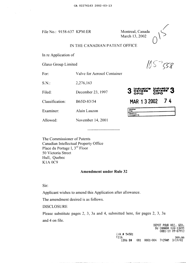 Canadian Patent Document 2276163. Prosecution-Amendment 20020313. Image 1 of 12