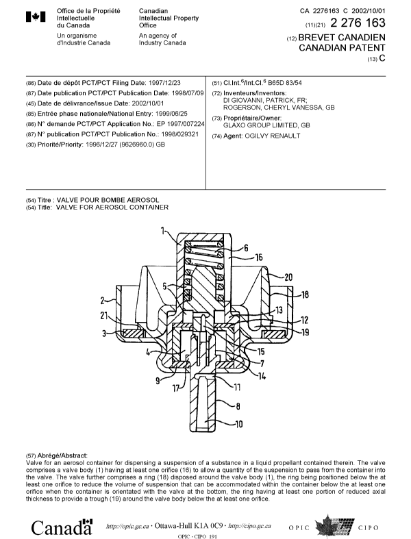 Document de brevet canadien 2276163. Page couverture 20020904. Image 1 de 1