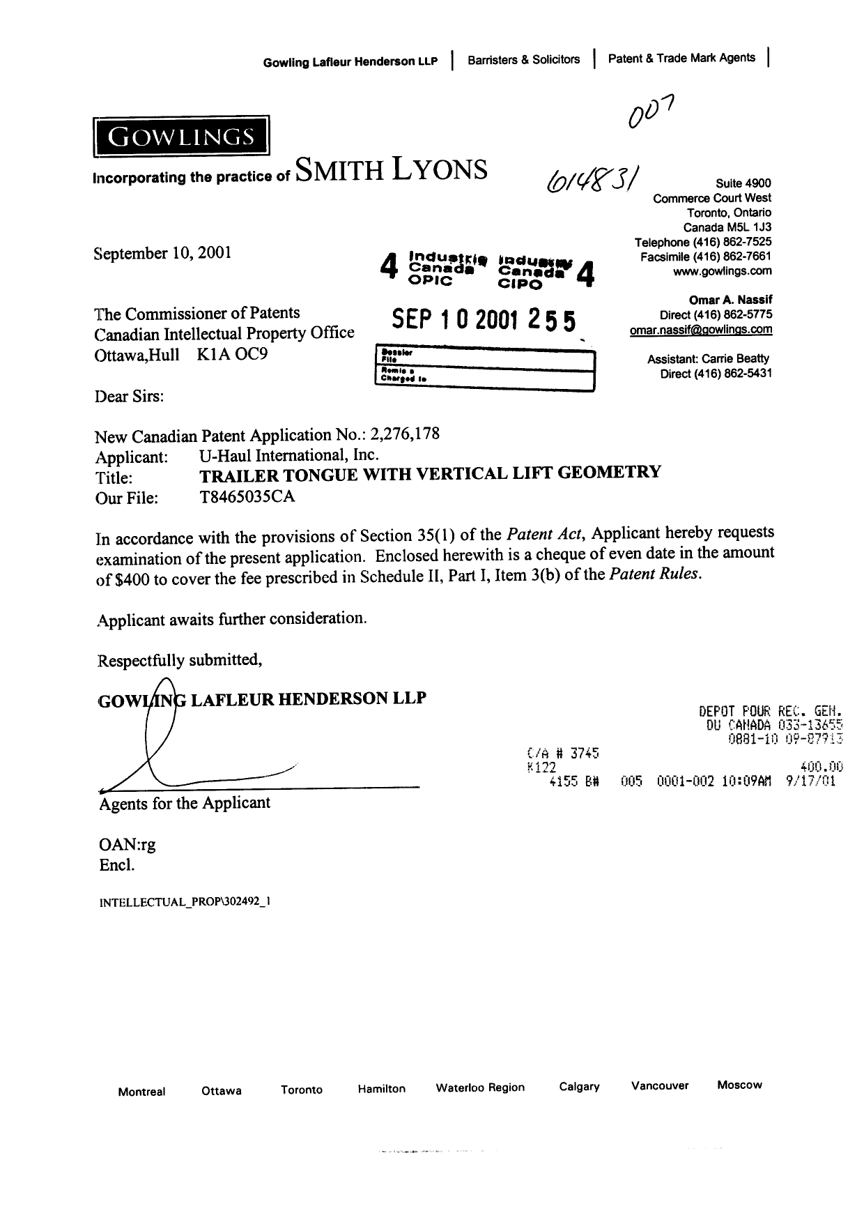 Document de brevet canadien 2276178. Poursuite-Amendment 20010910. Image 1 de 1