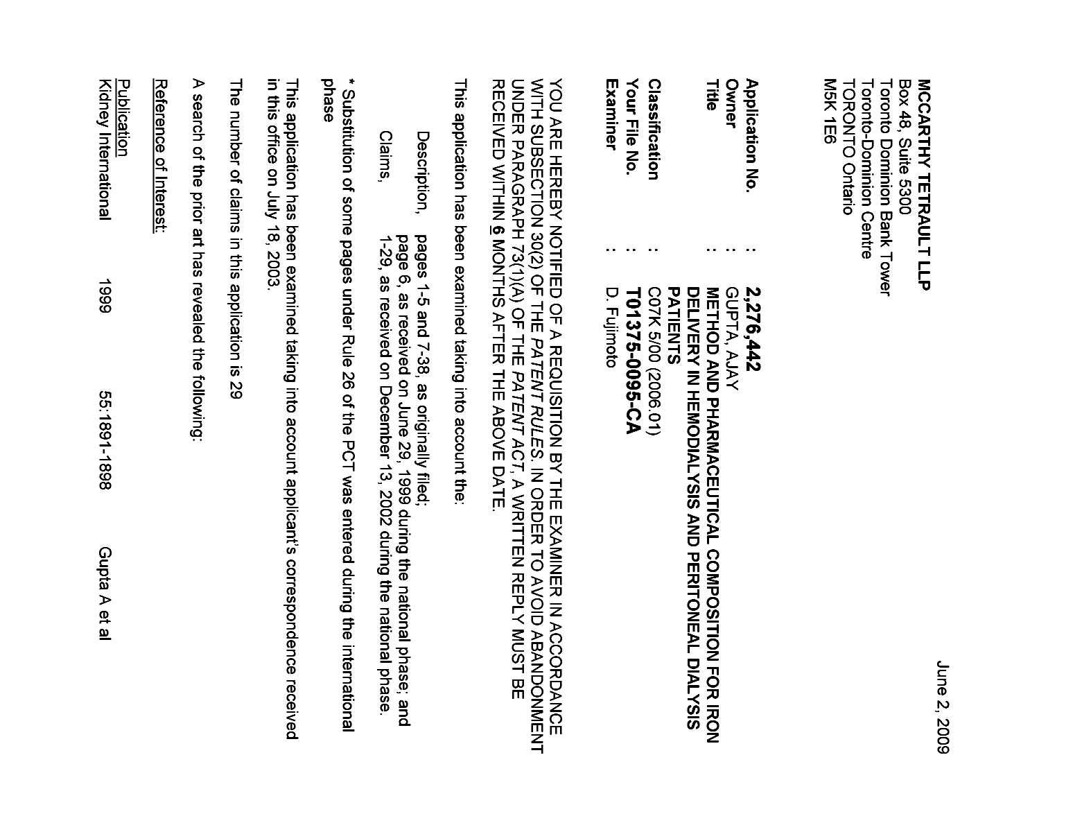 Canadian Patent Document 2276442. Prosecution-Amendment 20090602. Image 1 of 4