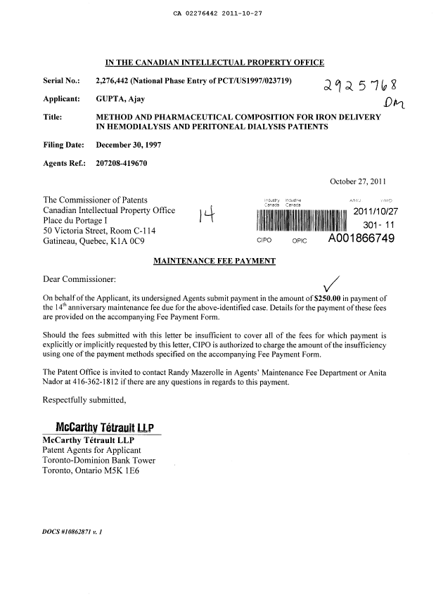 Document de brevet canadien 2276442. Taxes 20111027. Image 1 de 1