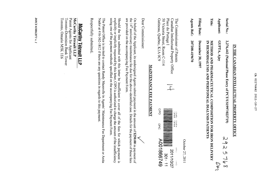 Canadian Patent Document 2276442. Fees 20111027. Image 1 of 1
