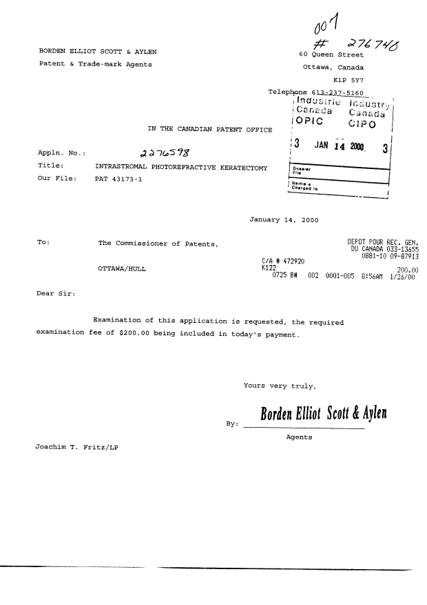 Canadian Patent Document 2276598. Prosecution-Amendment 20000114. Image 1 of 1
