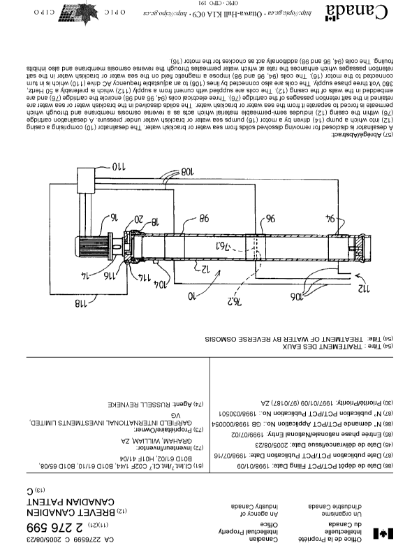 Canadian Patent Document 2276599. Cover Page 20050805. Image 1 of 1