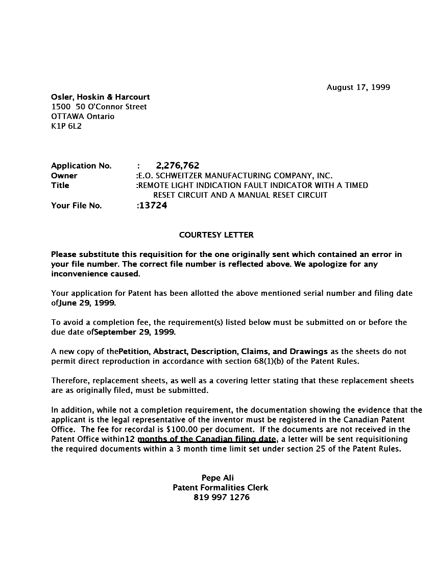 Document de brevet canadien 2276762. Correspondance 19990817. Image 1 de 1