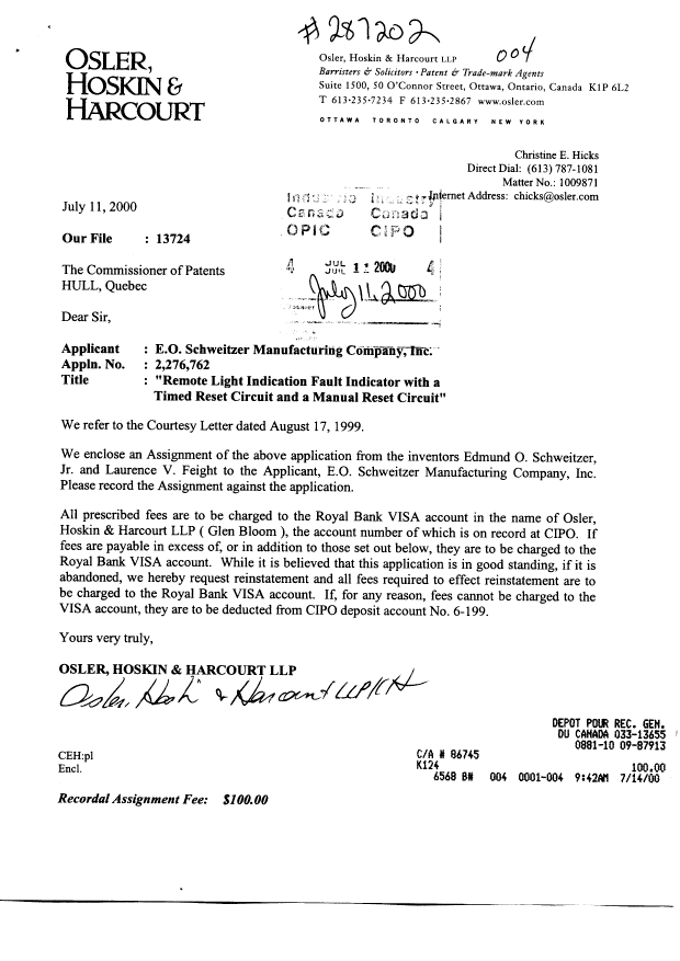 Document de brevet canadien 2276762. Cession 20000711. Image 1 de 3