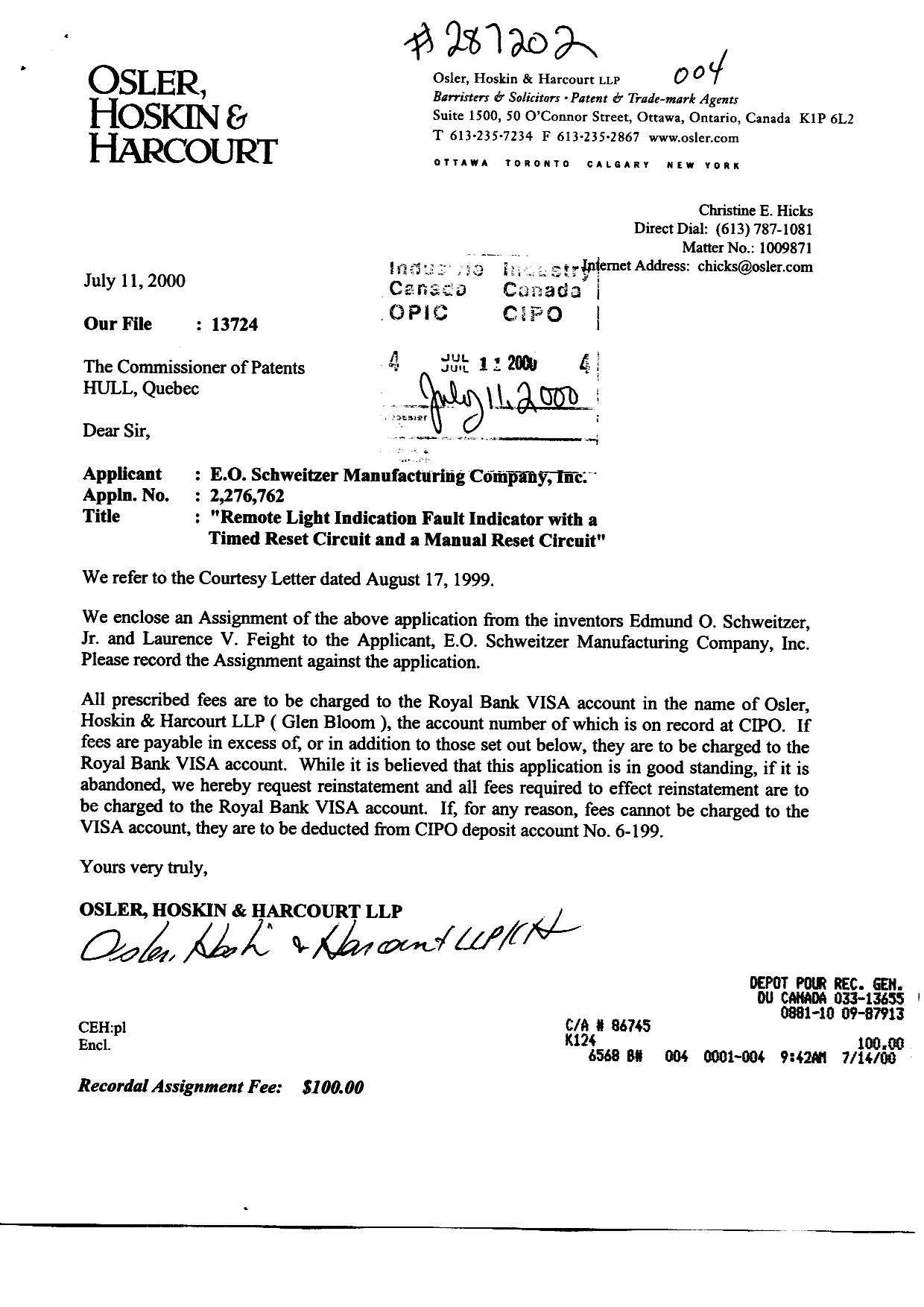 Document de brevet canadien 2276762. Cession 20000711. Image 1 de 3