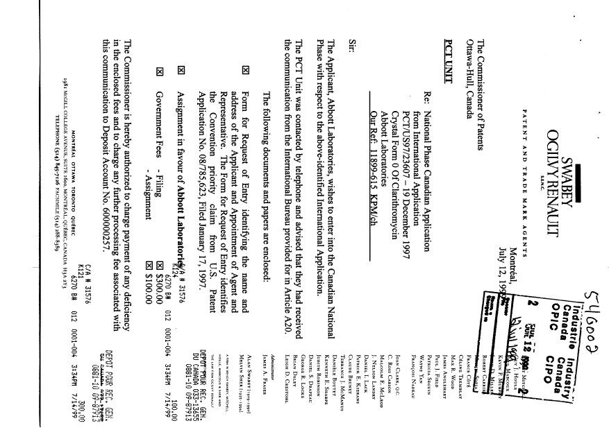Document de brevet canadien 2277274. Cession 19990712. Image 1 de 8