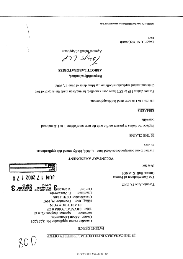 Canadian Patent Document 2277274. Prosecution-Amendment 20020617. Image 1 of 15