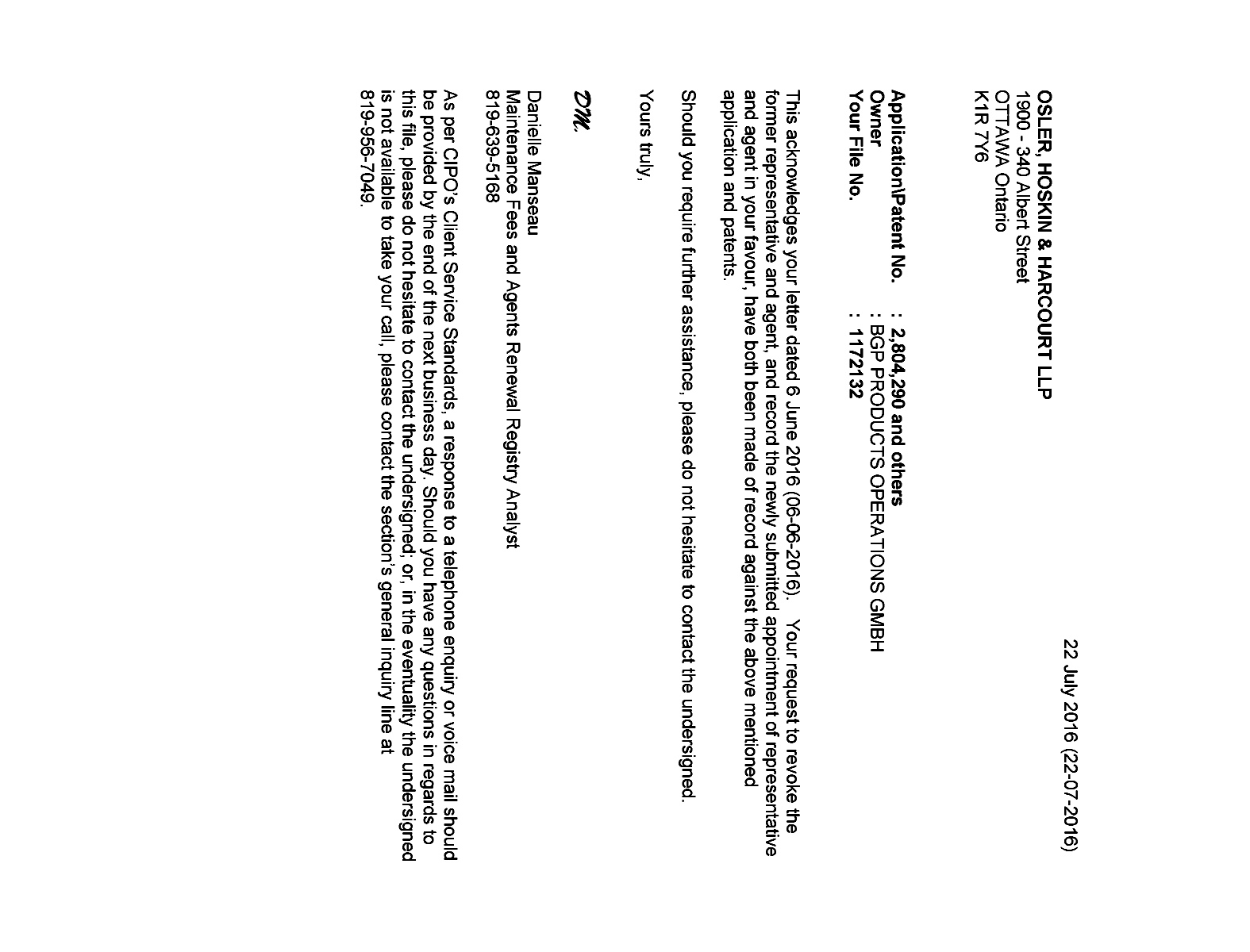 Canadian Patent Document 2277274. Office Letter 20160722. Image 1 of 2