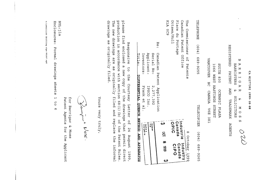 Document de brevet canadien 2277392. Correspondance 19991008. Image 1 de 7