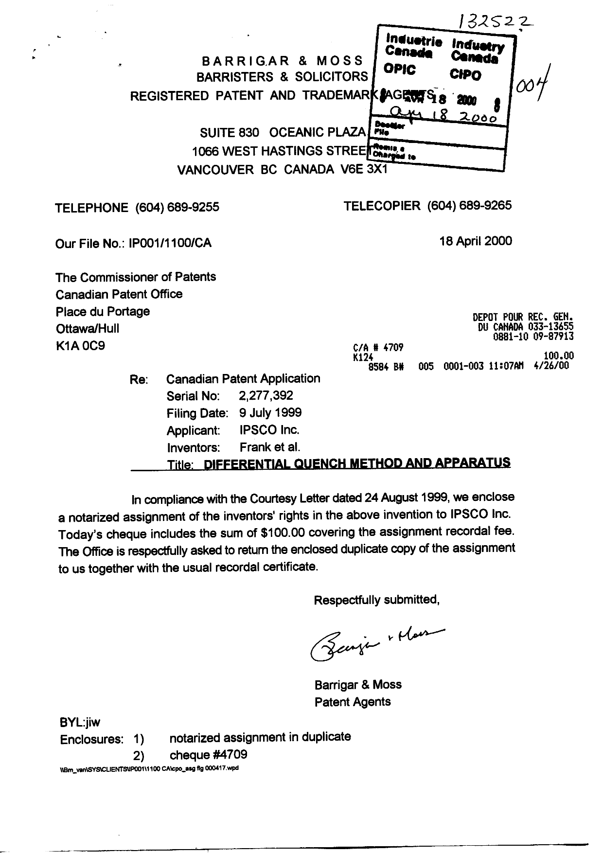 Document de brevet canadien 2277392. Cession 20000418. Image 1 de 8