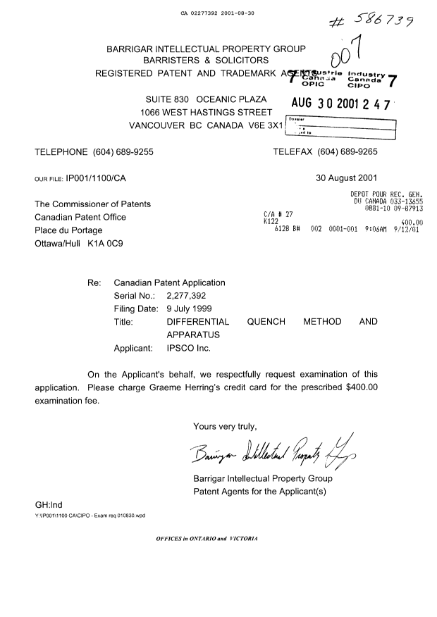 Canadian Patent Document 2277392. Prosecution-Amendment 20010830. Image 1 of 1