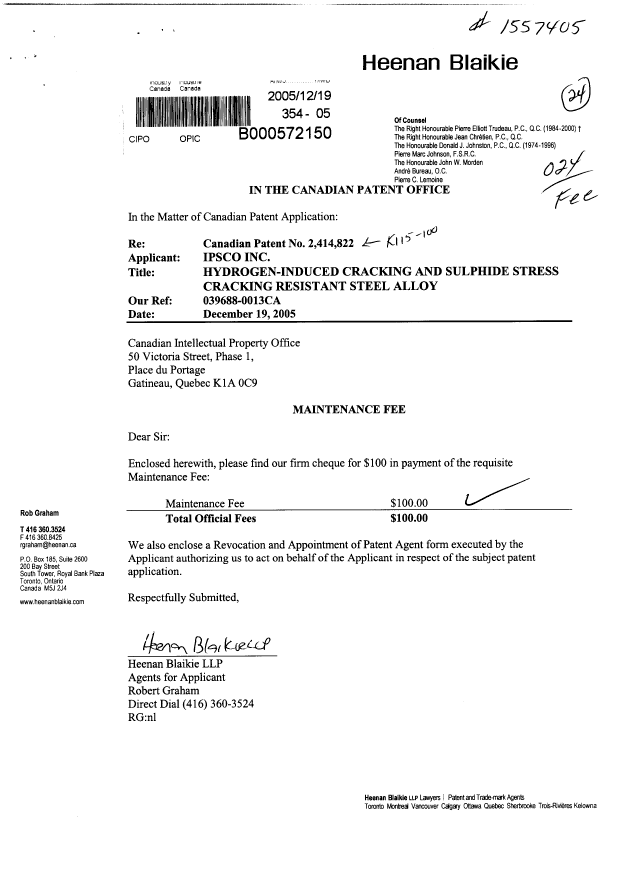 Document de brevet canadien 2277392. Correspondance 20051219. Image 1 de 3