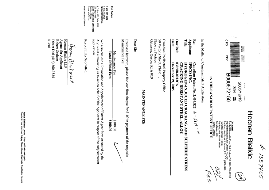 Canadian Patent Document 2277392. Correspondence 20051219. Image 1 of 3