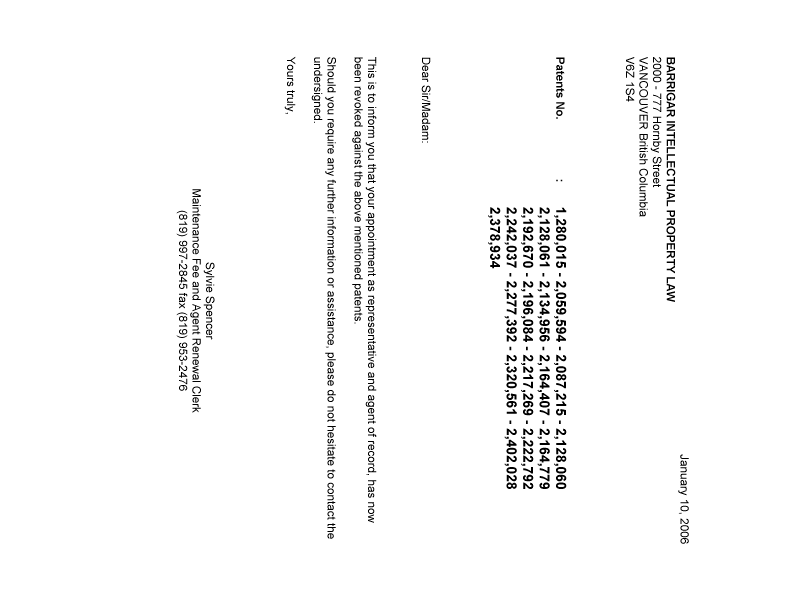 Document de brevet canadien 2277392. Correspondance 20060110. Image 1 de 1